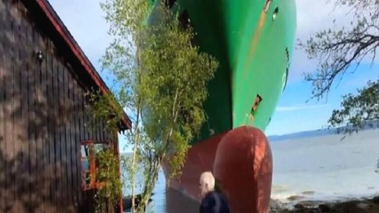 Norveç’te bir adam uyandığında bahçesinde dev bir yük gemisi buldu